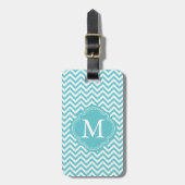 Girly Aqua Witte Chevron Strepen Monogram Bagagelabel (Voorkant verticaal)