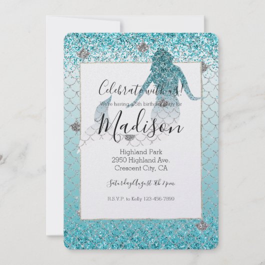 Girly Aqua Zilveren Glitter Ombre Sparkle Zeemeerm Kaart (Voorkant)