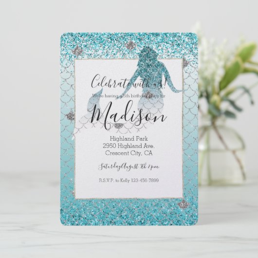 Girly Aqua Zilveren Glitter Ombre Sparkle Zeemeerm Kaart (Staand voorkant)