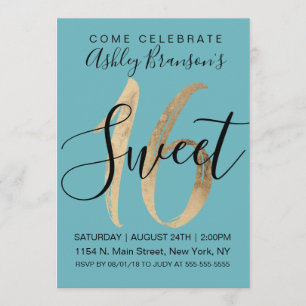 Girly Aquamarine Teal Gold Foil Sweet 16 Kaart