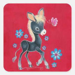 Girly Baby Donkey met bloemen Vierkante Sticker
