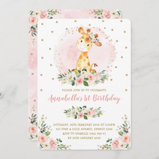 Girly Baby Giraffe Blush Gold Floral 1e verjaardag Kaart (Voorkant / Achterkant)