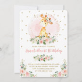 Girly Baby Giraffe Blush Gold Floral 1e verjaardag Kaart (Voorkant)