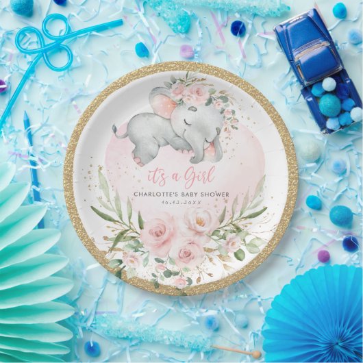 Girly Baby Olifant Blush Roze Goud Bloemen Douche Papieren Bordje (Feest)