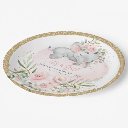 Girly Baby Olifant Blush Roze Goud Bloemen Douche Papieren Bordje (Gekanteld)