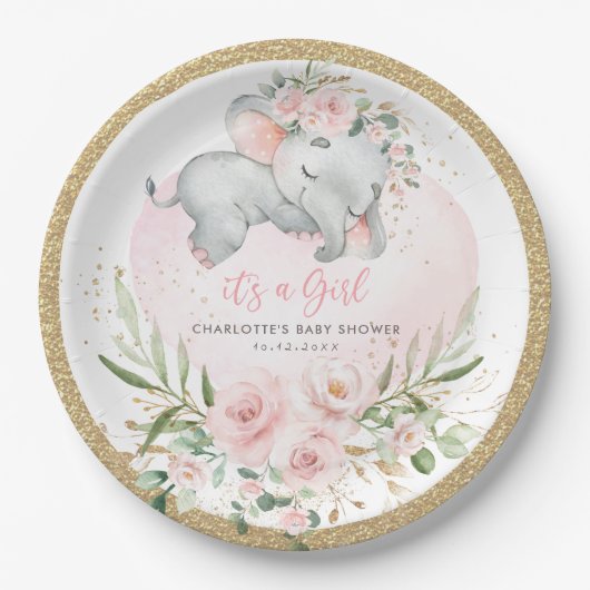 Girly Baby Olifant Blush Roze Goud Bloemen Douche Papieren Bordje (Voorkant)