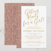 Girly Baby shower Roos Gold Glitter Invitation Aankondiging (Voorkant / Achterkant)