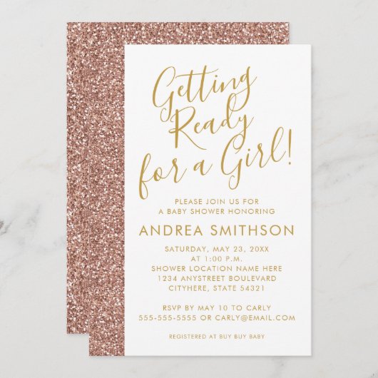 Girly Baby shower Roos Gold Glitter Invitation Aankondiging (Voorkant / Achterkant)