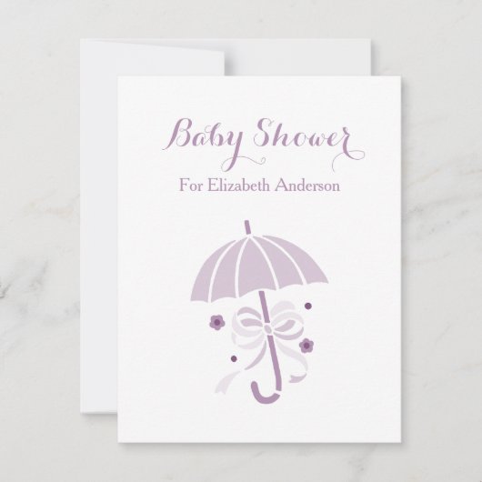 Girly Baby shower Schattigee Paarse paraplu met bo Kaart (Voorkant)