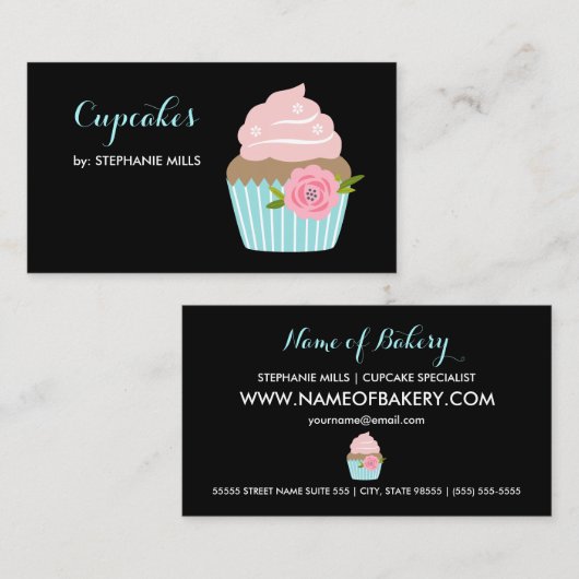 Girly bakkerij Schattige blauw cupcake met roze bl Visitekaartje (Voorkant / Achterkant)