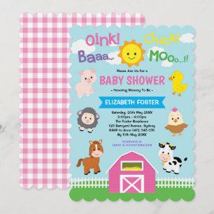 Girly Barnyard Baby shower Pink Farm Animals Party Kaart