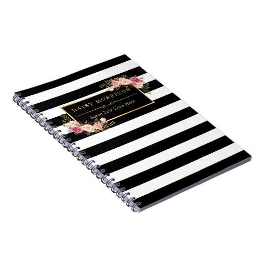 Girly Beauful Floral Wrapping Gold B&W Stripes Notitieboek (Rechterzijde)