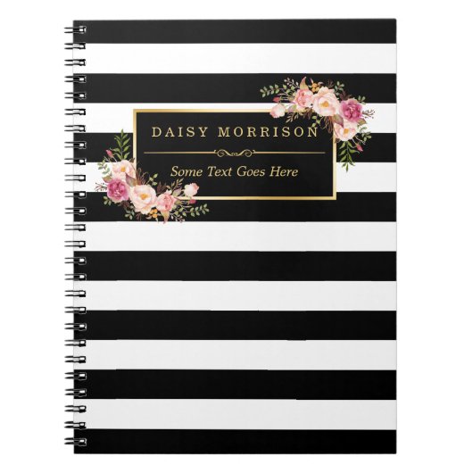 Girly Beauful Floral Wrapping Gold B&W Stripes Notitieboek (Voorkant)