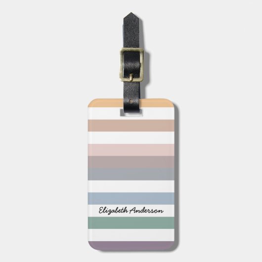 Girly Beige Blue Wide Horizontal Stripes met naam Bagagelabel (Voorkant verticaal)