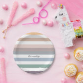 Girly Beige Blue Wide Horizontal Stripes met naam Papieren Bordje (Feest)