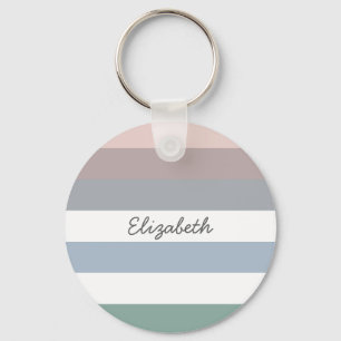 Girly Beige Blue Wide Horizontal Stripes met naam Sleutelhanger