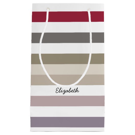 Girly Beige Red Big Horizontale Stripes met naam Klein Cadeauzakje (Voorkant)