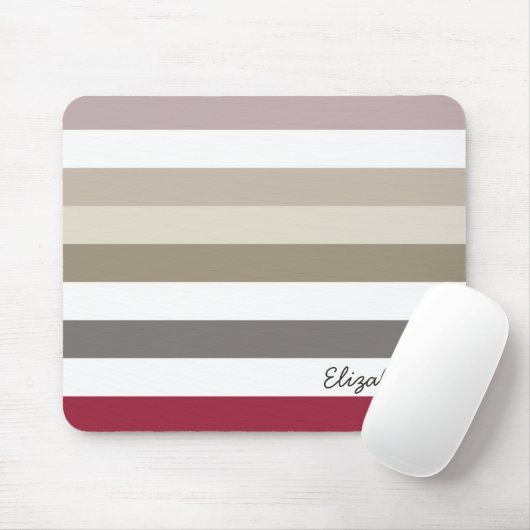 Girly Beige Red Big Horizontale Stripes met naam Muismat (Met muis)