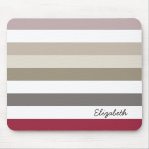 Girly Beige Red Big Horizontale Stripes met naam Muismat