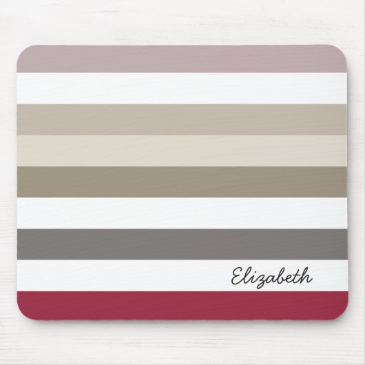 Girly Beige Red Big Horizontale Stripes met naam Muismat (Voorkant)