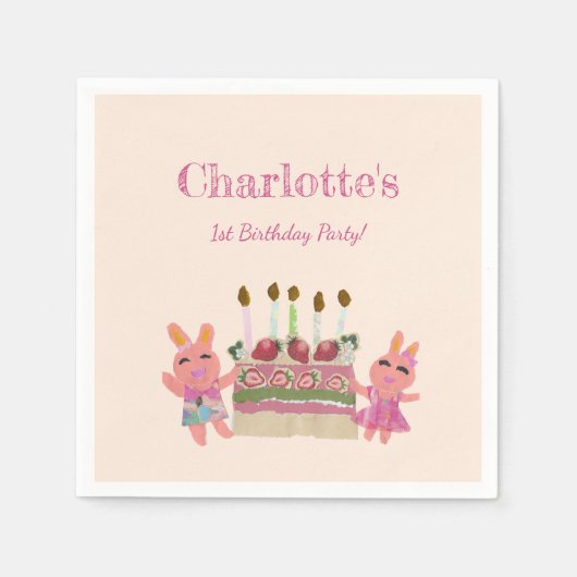 Girly Berry Sweet Bunnies Pink Kids Verjaardagsfee Servet (Voorkant)