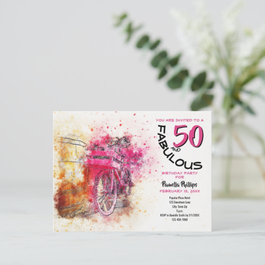 Girly Bicycle 50 en Fabulous Birthday Uitnodiging (Staand voorkant)
