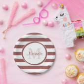 Girly Big Marsala Stripes met naam en monogram Papieren Bordje (Feest)
