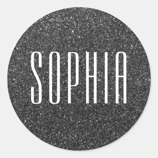 Girly Black and White Glitter Naam Schattige Spark Ronde Sticker (Voorkant)
