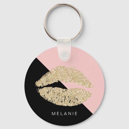 Girly Black Blush Pink Chic Glitter Lips Sleutelhanger (Voorkant)