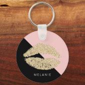 Girly Black Blush Pink Chic Glitter Lips Sleutelhanger (Voorkant)