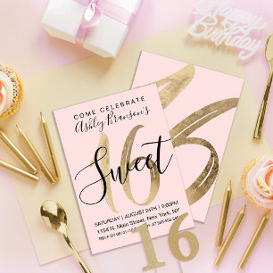 Girly Black Blush Pink Gold Foil Sweet 16 Kaart