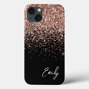 Girly Black Blush roze Rose Gold Glitter Monogram Case-Mate iPhone Case