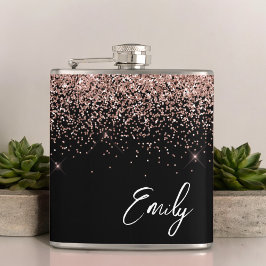 Girly Black Blush roze Rose Gold Glitter Monogram Heupfles