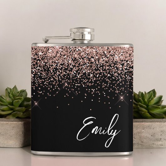 Girly Black Blush roze Rose Gold Glitter Monogram Heupfles