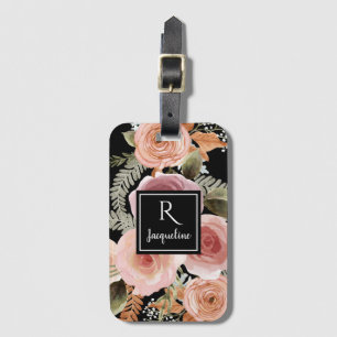 Girly Black BOHO Waterverf Floral Greenery Name Bagagelabel