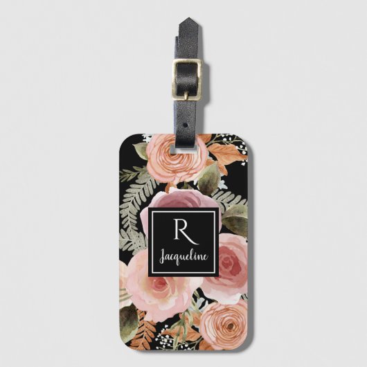 Girly Black BOHO Waterverf Floral Greenery Name Bagagelabel (Voorkant (verticaal))