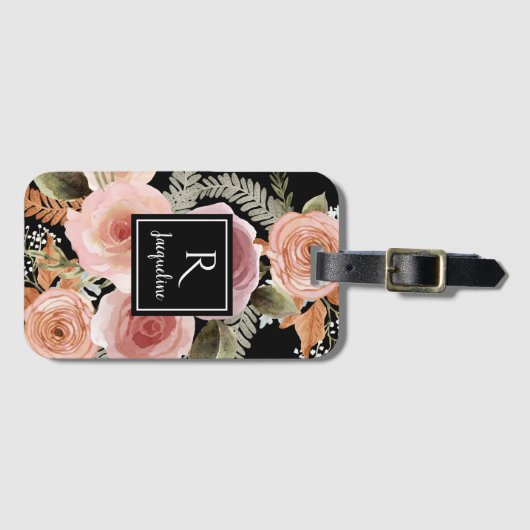 Girly Black BOHO Waterverf Floral Greenery Name Bagagelabel (Voorkant (horizontaal))