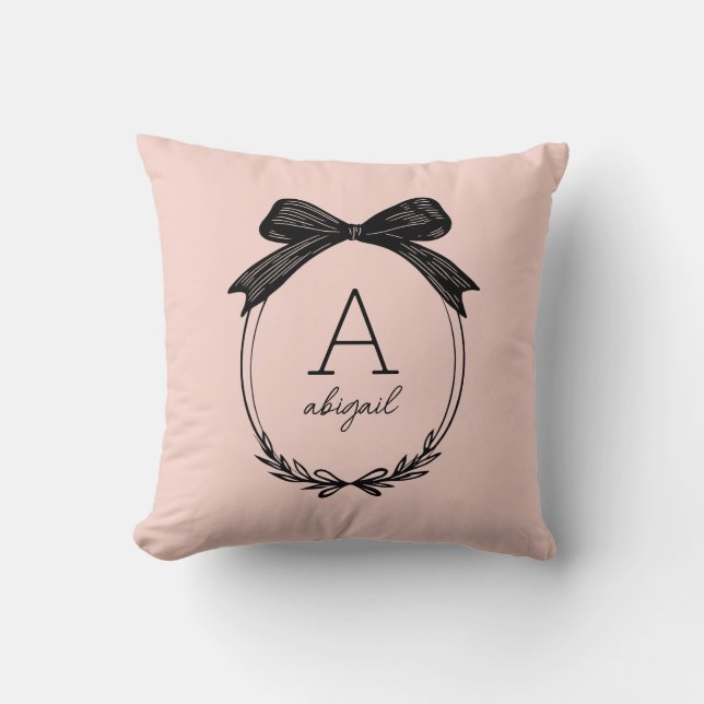 Girly Black Bow Modern Script Blush Pink Monogram Kussen (Voorkant)