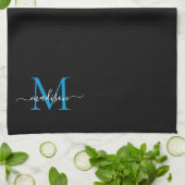 Girly Black Bright Ocean Blue Monogram Script Naam Theedoek (Gevouwen)
