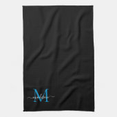Girly Black Bright Ocean Blue Monogram Script Naam Theedoek (Verticaal)