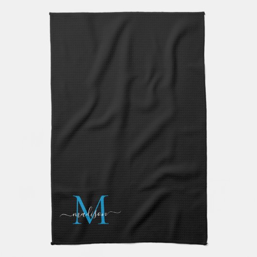 Girly Black Bright Ocean Blue Monogram Script Naam Theedoek (Verticaal)