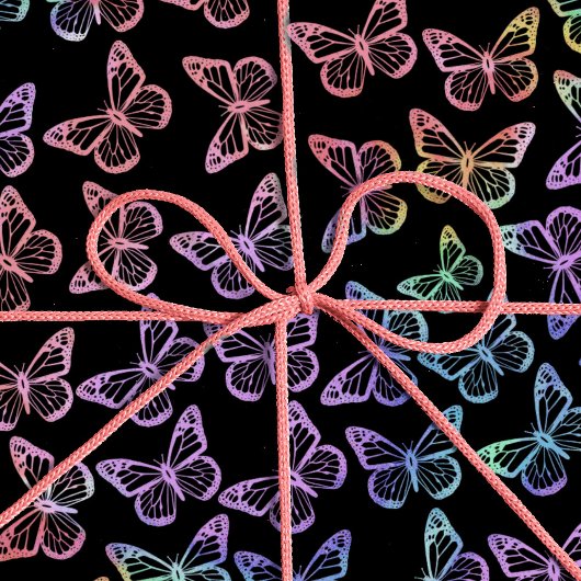 Girly Black Butterfly Pattern Iridescent Cadeaupapier