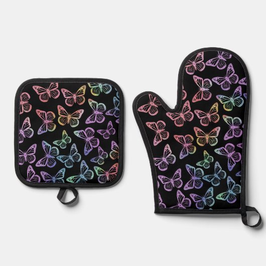  Girly Black Butterfly Pattern Iridescent Ovenwant & Pannenlap Set (Voorkant)