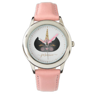 Girly Black Caticorn Face Gold Script Monogram Horloge