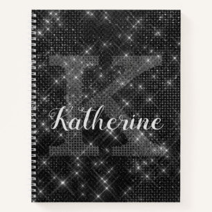 Girly Black Diamond Sparkle Chic Monogram Notitieboek