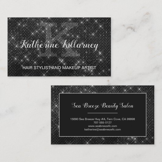 Girly Black Diamond Sparkle Glam Chic Monogram Visitekaartje (Voorkant / Achterkant)