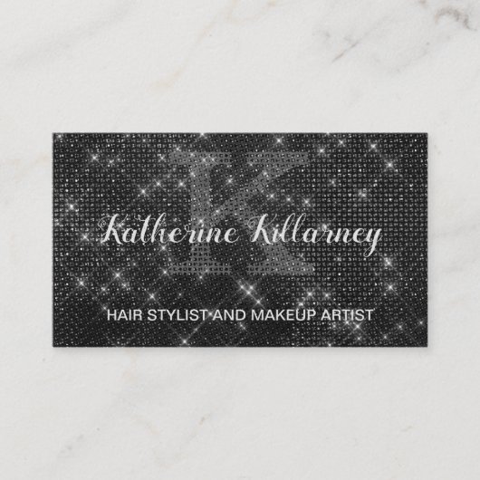 Girly Black Diamond Sparkle Glam Chic Monogram Visitekaartje (Voorkant)