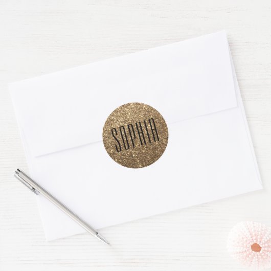 Girly Black en Gold Glitter Naam Schattige Sparkle Ronde Sticker (Envelop)