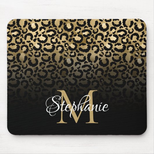 Girly Black en Gold Leopard Ombre Monogram Muismat (Voorkant)
