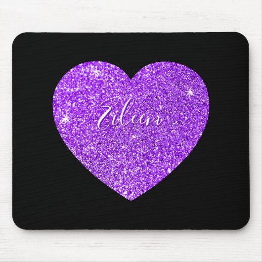 Girly Black en Paars Sparkly Faux Glitter Heart Muismat (Voorkant)